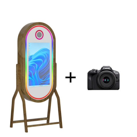 borne photo miroir en bois + appareil photo